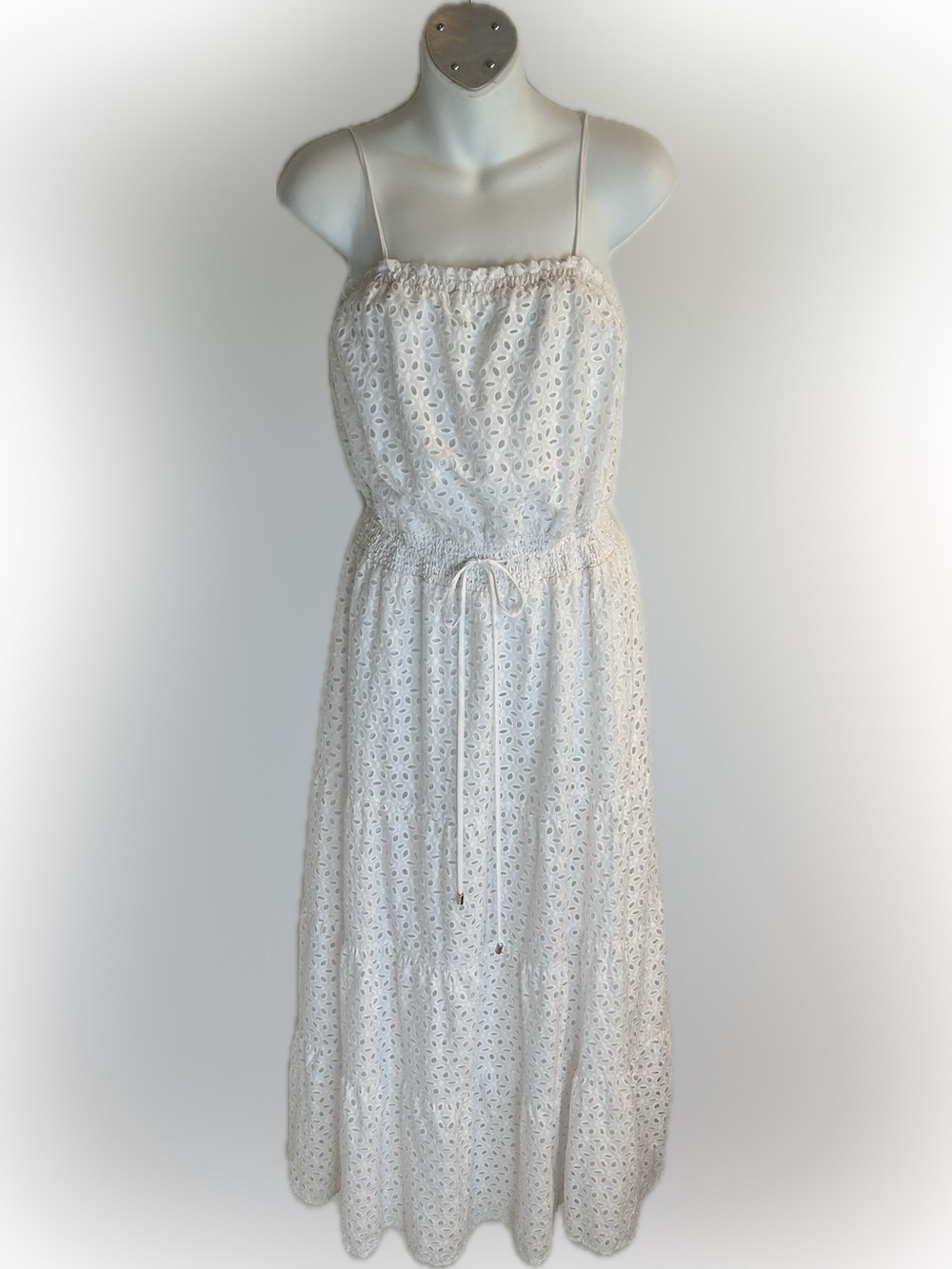 White Eyelet Tiered Dress with Drawstring Waist
